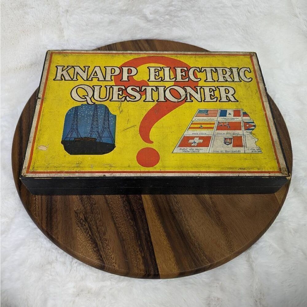 Vintage Knapp Electric Questioner, Wooden box game, Color with Cards, 1930s